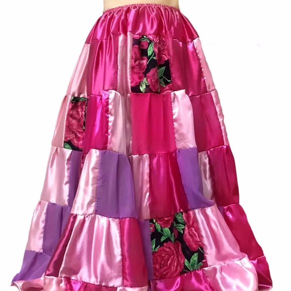 Pink satin chiffon maxi skirt, patchwork. Size M - Picture 3 of 3